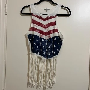 Y2K Boho Americana Fransen Crop Tank Top Gr. L Distressed USA Flagge Festival Retro. - Bild 1 von 7