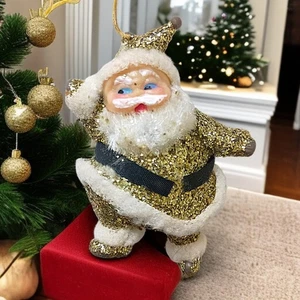Vintage Gold Glitzer Weihnachtsmann Ornament Putz Weihnachten Kitschig Japan Tanzen  - Bild 1 von 17