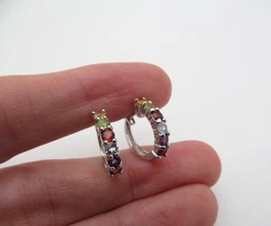 925 Sterling Silver Gemstone Amethyst Peridot Citrine Hoop Clicker Earrings - Picture 1 of 7