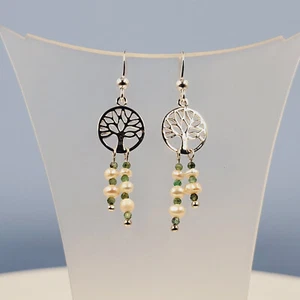 Emerald Pearl Tree-Earrings, Tree of Life Design, Nature Collection, - Picture 1 of 4