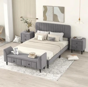 Modern Grey Upholster bedroom set queen 4 piece - Picture 1 of 6