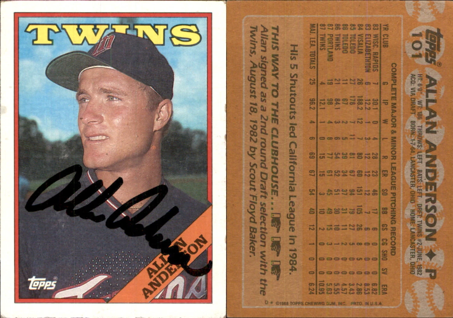 Allan Anderson Signed 1988 Topps #101 Card Minnesota Twins Auto AU
