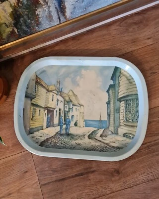 VINTAGE TIN SERVING TRAY ADVERTISING COO FIN PAINTS - FISHING VILLAGE/CORNWALL - Image 1 of 4