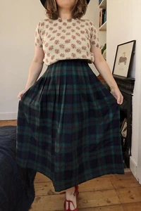 Vintage Laura Ashley Check Forest Green Wool Pleated Maxi Skirt Size 12 M S - Picture 1 of 8