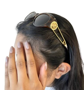 GIANNI VERSACE Vintage Medusa Safety Pin Logo Sunglass Brown Gold RankAB - Picture 1 of 13