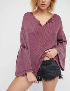 Free People Womens Top S Red Burgundy Dahlia Thermal Long Bell Sleeves Boho - Picture 1 of 9