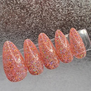 #178 Peach Pink Holo Glitter Press On Nails | Handmade | Hard Gel Glue on Nails - Bild 1 von 10