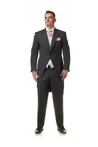 Grey Tailcoat Morning Suit 2 Piece Royal Ascot Jacket Trouser Herringbone Mens - Picture 1 of 7