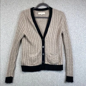 Loft Cable Knit Cardigan Sweater Womens Med Black & Tan Tennis Varsity Preppy - Picture 1 of 8