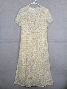 Vintage 80s Floral Prairie Dress Small Short Sleeve Yellow Chiffon Split Front - Picture 1 of 11