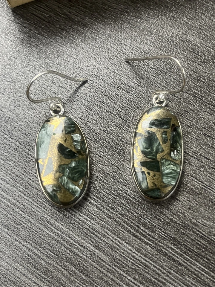 Pendientes colgantes de serafinita de plata de ley Foto 1 de 1