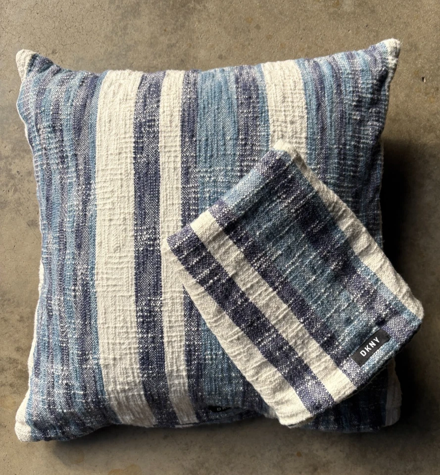 DKNY Funda Almohada Rayas Azul y Crema Algodón Texturizado 21 x 21" JUEGO 2 INDIA Foto 1 de 4