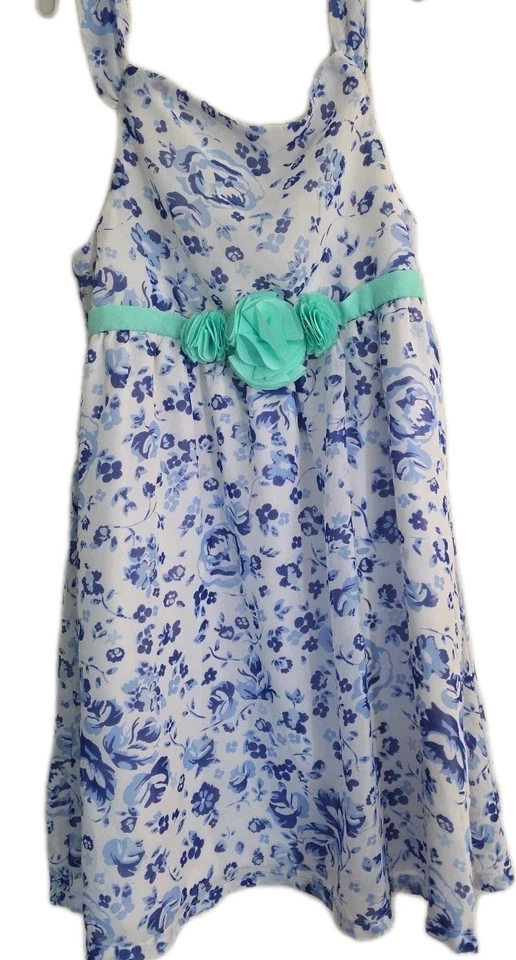 Vestido de algodón floral azul y blanco Wonder Kids niñas talla 5T con ribete colorido Foto 1 de 4