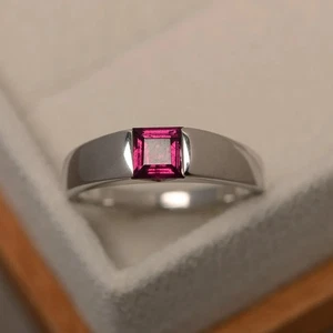 925 Sterling Silver Pink Ruby Ring Square Cut Lab Created Gemstone Women Ring - Picture 1 of 4
