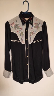 Vintage 70s H Bar C Ranchwear Womens Button Up Shirt S Black Floral Pearl Snap - Image 1 of 4