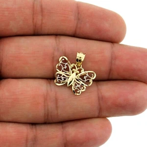 10K Solid Yellow Gold Diamond Cut Butterfly Charm Pendant, 10KT Real Gold - Picture 1 of 5