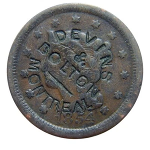Large cent/penny 1854 perfectly placed counterstamp DEVINS & BOLTON - Picture 1 of 3