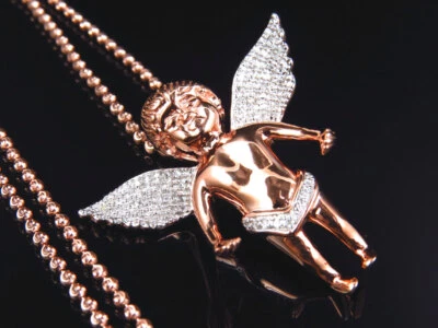 Dije y cadena colgante de ángel gordito de diamantes genuinos enchapado en oro rosa de 0,75 quilates Foto 1 de 4