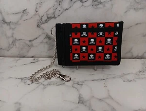 Red & Black Skull Tri-fold Canvas Wallet W/ Chain Gothic, Punk New - Picture 1 of 5