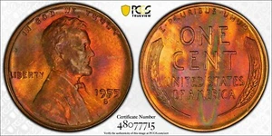 MS64RB 1955-S Lincoln Wheat Cent Die Chip in Date, PCGS Trueview- Rainbow Toned - Picture 1 of 8