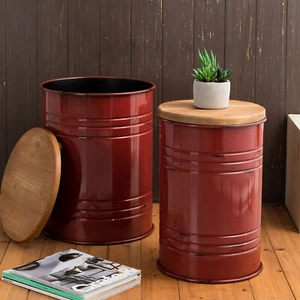 Glitzhome Set of 2 Metal Storage Accent Table Farmhouse Bar Stool Solid Wood Lid - Picture 1 of 11