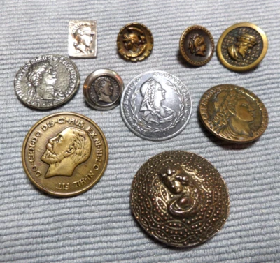 Lot of 10 Vintage Antique Metal Picture Buttons CAMEOS HEADS MEN KINGS ALEXANDER - Image 1 of 4