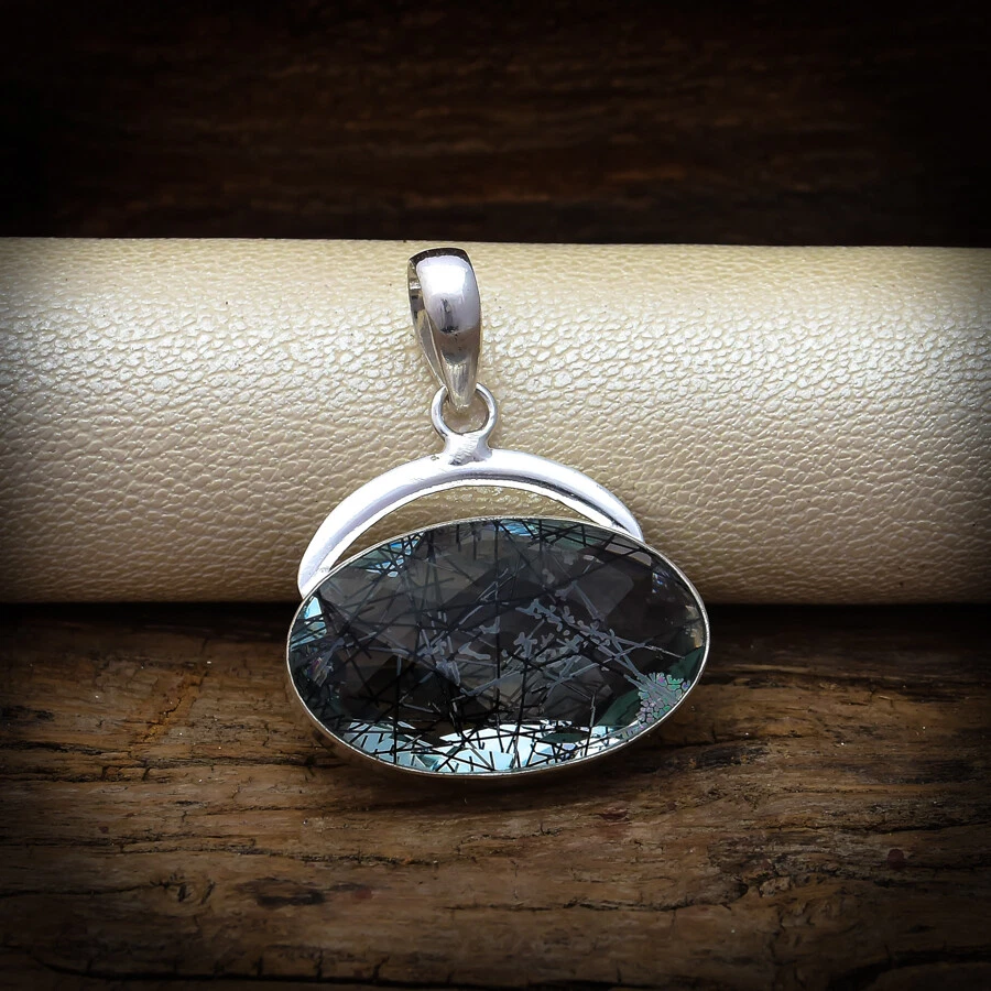 Magnificent Nero Rutilato Quarzo Gemma 925 Pendente Argento Sterling BT-16 - Immagine 1 di 3