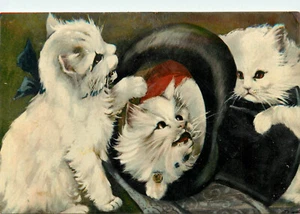 Postcard Long Hair White Kittens Play in a Top Hat Series 1710 - Picture 1 of 2