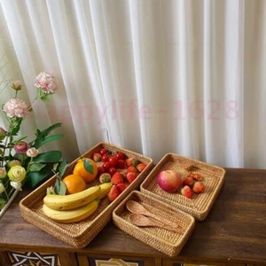 Wicker rectangular fruit basket tray woven autumn vine tea tray storage basket - Picture 1 of 14