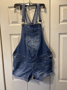 Maternity Sonoma Blue Jeans Shortalls Sz 14 Bib Overalls Cuffed Stretch Denim - Picture 1 of 7