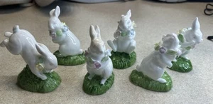 VINTAGE SET OF 6 ONMIRUS BONE CHINA RABBIT FIGURINES WITH FLOWERS EASTER 1983 - Picture 1 of 20