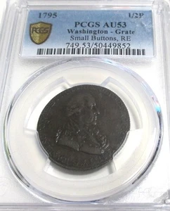 1795 WASHINGTON-ROST KLEINE KNÖPFE, RE KUPFER US KOLONIAL HALF PENNY PCGS AU53 - Bild 1 von 10