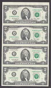 Uncut Sheet $2 X 4 * Crisp Fresh 2 Dollars * EXTREMELY RARE* USA FREE SHIP. - Picture 1 of 9