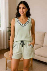 Adonna Lounge Set Green Ribbed Tank Top Shorts Navy Embroidery Size Large - Picture 1 of 17