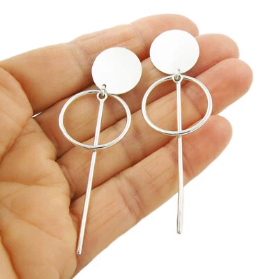 Long Solid Handmade 925 Sterling Silver Satin Finish Stick Dangling Earrings - Image 1 of 4