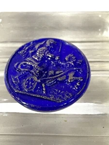 Antique Cobalt Blue Glass Silver Chariot Driver Button - Picture 1 of 5