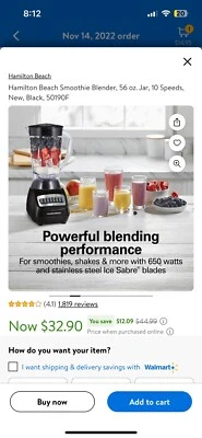 Batidora de batidos Hamilton Beach 50190 con tarro de plástico de 56 oz - negra Foto 1 de 4