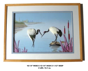 LOW PRICE! VNTG "3D CRANES NATURAL HABITAT" SIGNED '65 FEATHER ART SHADOWBOX - Picture 1 of 20