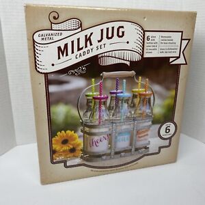 NEW Super Cute Milk Jug Bottle Party Drinking Set With Galvanized Carrying Caddy