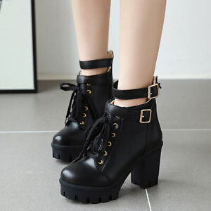 Womens Buckle Biker Boots Chunky Block Heels Platform Lace Up Riding Ankle Boots