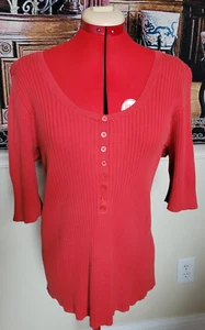 LouLou Red Ribbed Henley Button Round Neck Short-Sleeve Stretch Sweater Top 1X - Picture 1 of 3