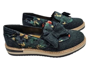 Ruby Shoo JOANNE Vintage Herringbone Green FLORAL Bow Slip-Ons Size 8 - Picture 1 of 9