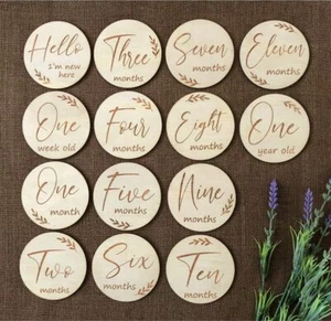 Wooden Milestone Cards Newborn Baby Shower Gift Month Cards Round Wood 14 Discs - Picture 1 of 8