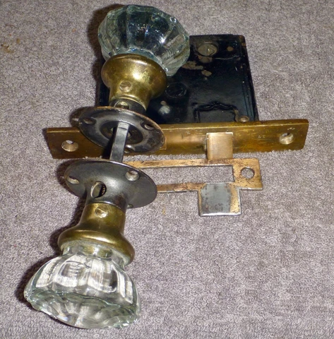 Antique Corbin Door Lock Latch W/12 Point Glass Knobs, No Keys  #3 Cover