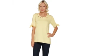 Quacker Factory Grommet Neck Split Sleeve Knit T-Shirt with Tie Detail Yellow M - Picture 1 of 2
