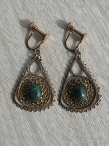 VTG Israel Eliat Stone Gold Tone Filigree Screw Earrings Dangle Sterling?? 1.75" - Picture 1 of 20