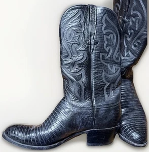Vintage Herren Schwarz Leder Eidechse Lucchese Klassisch Cowboy Stiefel Größe 9 1/2 E 60176 - Bild 1 von 24