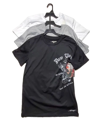 NUEVO Paquete de 3 camisetas Ed Hardy negras, grises y blancas talla mediana cuello redondo hechas a mano Foto 1 de 4