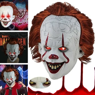 Latex IT Clown Halloween LED Masks Full Head Joker Pennywise Cosplay Costume NEW - Image 1 of 4