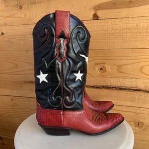 Vintage Nine West Leather Cowboy Boots Red White Black Stars US Patriotic SZ 7.5 - Picture 1 of 10